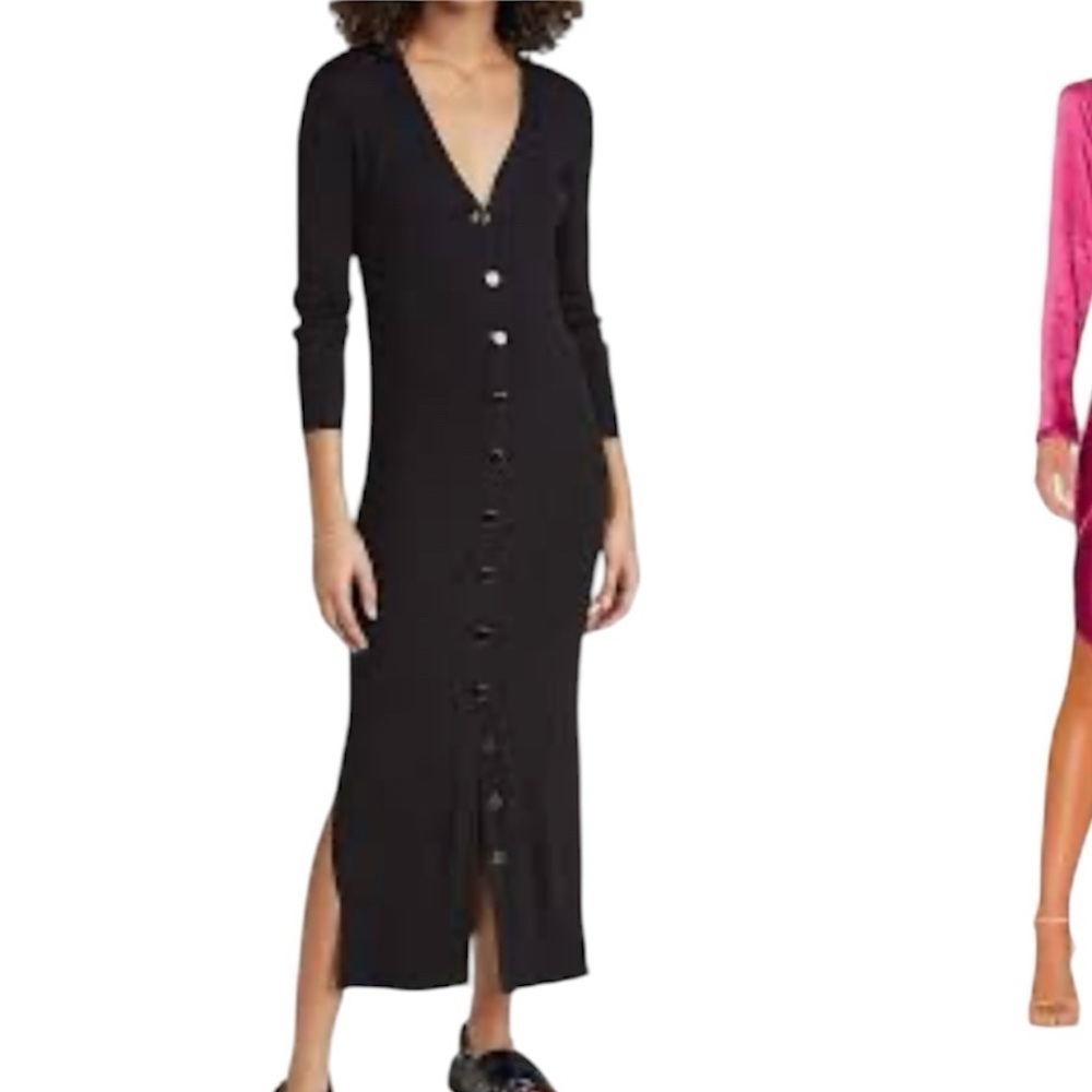 Line & Dot Ribbed Knit Stretch Midi Dress Sz Small Black Dress